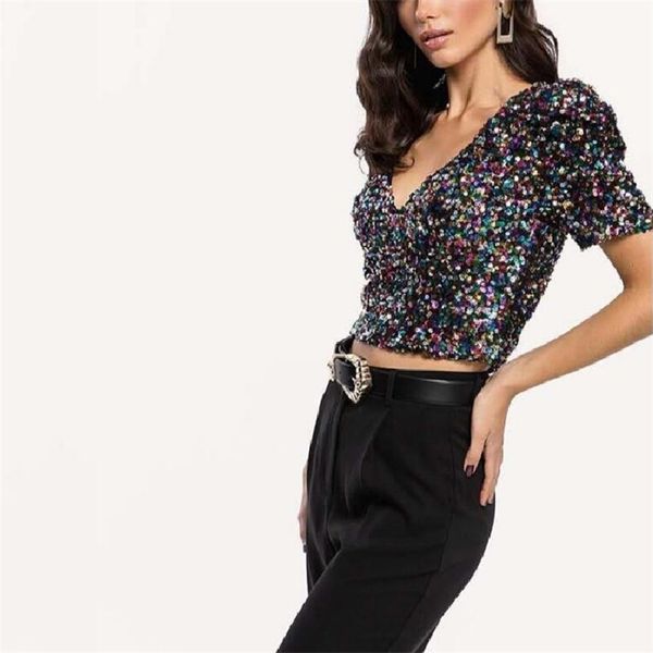 

spring women's t-shirt casual color sequins v-neck short sleeve 210430, White