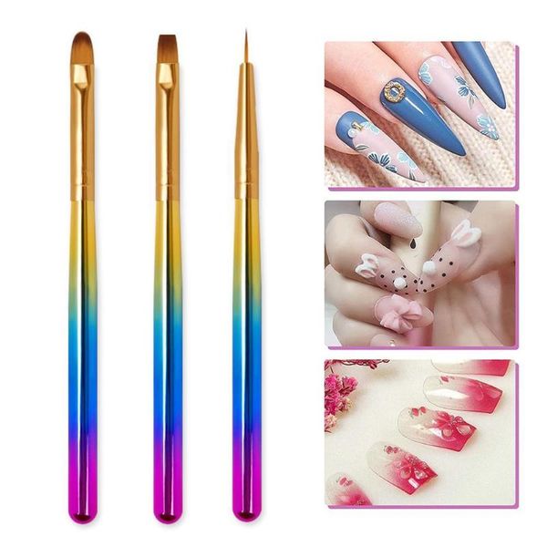 

3pcs/set nail art brush kit multicolor rhinestone handle builder lines painting extension gel liner drawing pen flower uv b8l6 brushes, Yellow
