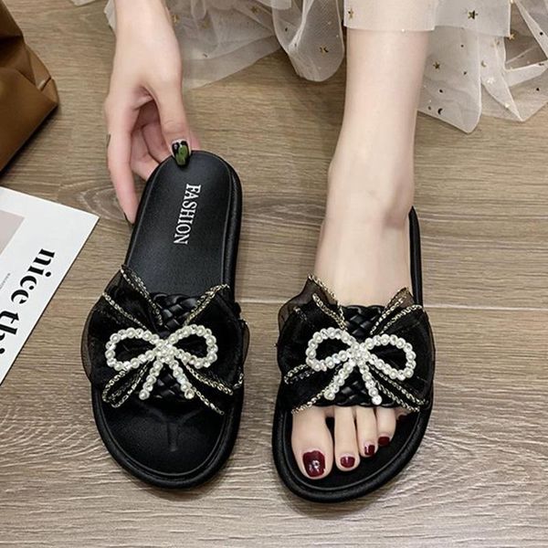 

rimocy pearl bowknot platform slippers women summer fashion weave thick bottom slides woman soft sole beach flip flops, Black