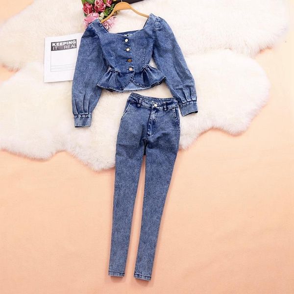 

women's two piece pants women 2021 spring summer short sleeve jeans coat+pants sets female single breasted jackets denim pencil pant su, White