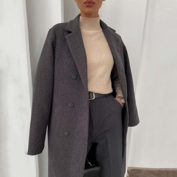 

women's wool & blends holiwind 2021 autumn woolen double breasted coat female mid-long temperament women outerwear streetwear, Black