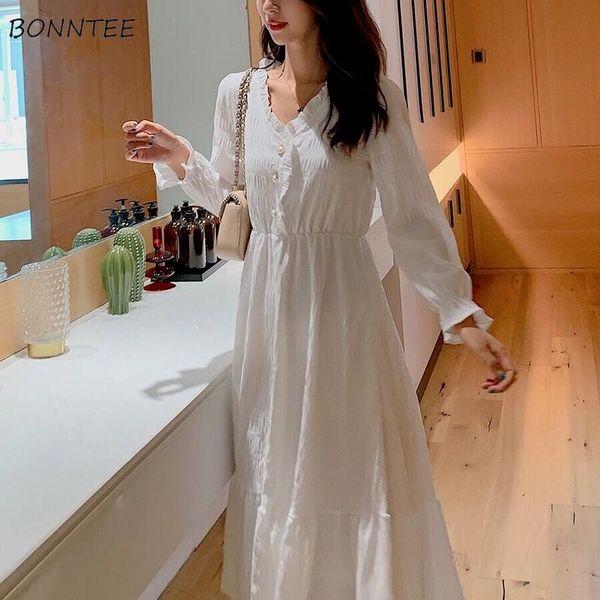 

casual dresses women simple v-neck solid korean style leisure comfortable elegant button a-line mujer cloth spring long flare sleeve, Black;gray