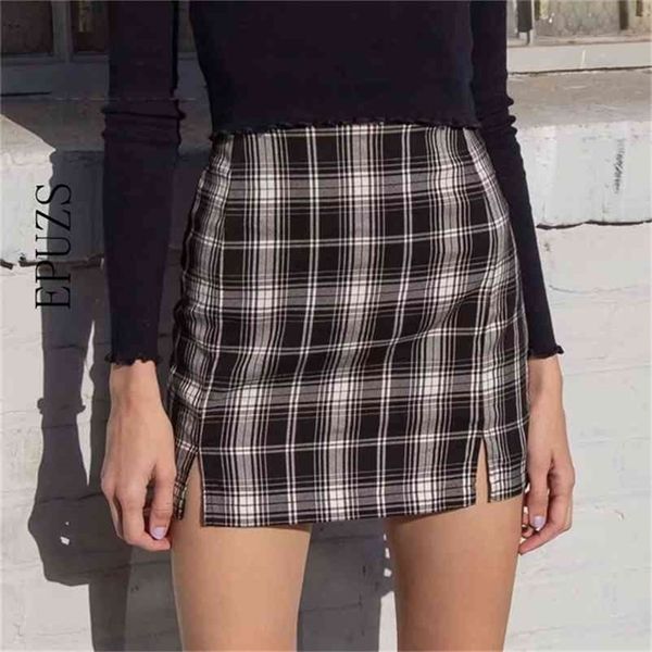 Vintage Tartan Imprimir Slit Mini Saias Mulheres Manta Senhoras Cintura Alta Bodycon Sexy Lápis Roxo Faldas Mujer 210521