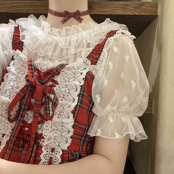 

2 color kawaii lolita women blouses long sleeve lace feamle heart shaped blouse wooden ears mesh short sleeved shirts, White