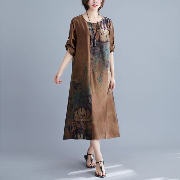 

johnature summer dress floral print half sleeve o-neck korean loose comfortable plus size dresses for women 4xl 5xl 6xl 210521, Black;gray