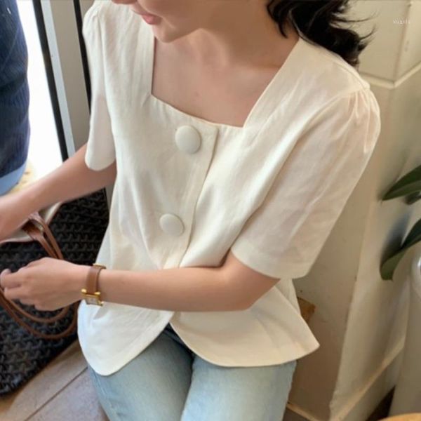 

women's suits & blazers french square collar western style bag button retro cotton and linen short-sleeved suit shirt women summer nich, White;black