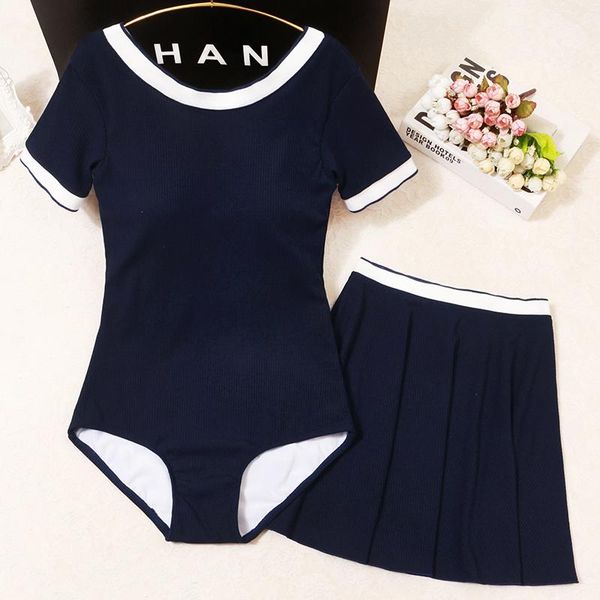 

one-piece suits swimsuit with skirt women 2021 two piece sports solid round neck bikini female bathing bodysuit beach