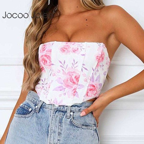 

jocoo jolee women elegant floral print tanks summer corset strapless crop backless tube skinny y2k tank 210619, White