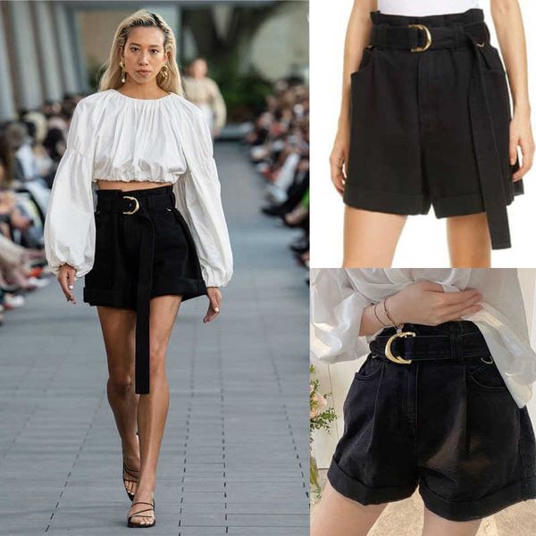 

summer spring and aj show style irregular metal belt pleated to cover the belly thin high waist paper bag denim shorts, Blue
