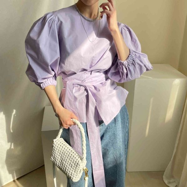 

women's polos hzirip chic lady streetwear basic femme casual sweet solid lantern-sleeved pullovers blouses brief loose thin shirts 9ep, White