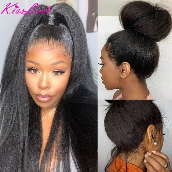 

kiss love 13x4 glueless lace front human hair wigs for black women 150% kinky straight wig remy brazilian wig1, Black;brown