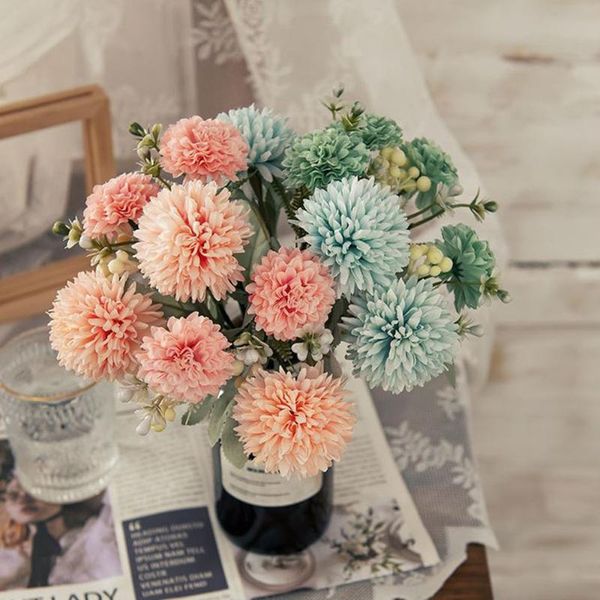

decorative flowers & wreaths 1bunch pink hydrangeas artificial bouquet silk dandelion flower ball fake green plant diy home wedding decorati