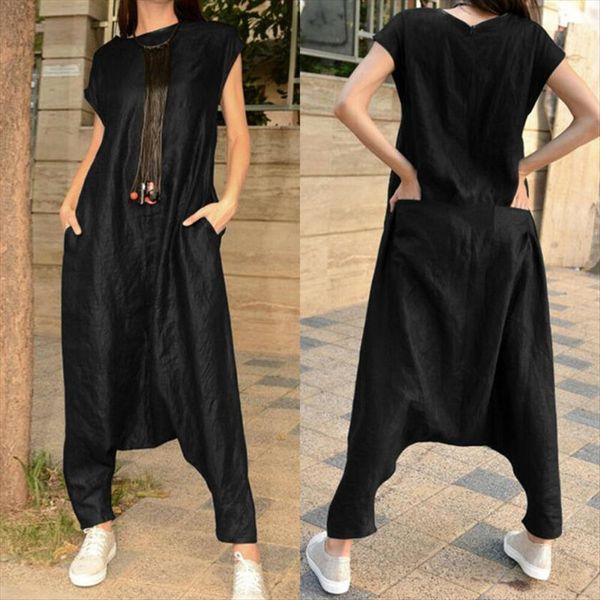 

casual pocket baggy women jumpsuit short sleeve o neck solid harem wide leg, Black;white