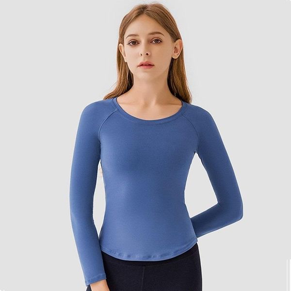 

yoga outfit fitness women's sports long sleeve tights t-shirt round neck blouses slim breathable running gym clothing custom logo