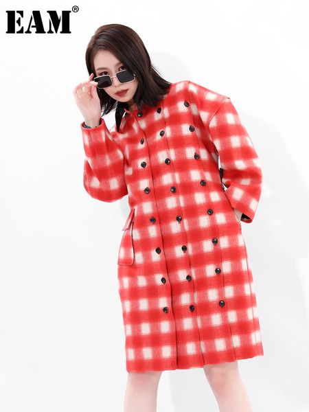 

women's wool & blends [eam] loose fit red plaid button spliced long big size woolen coat parkas sleeve women fashion autumn winter 2021, Black