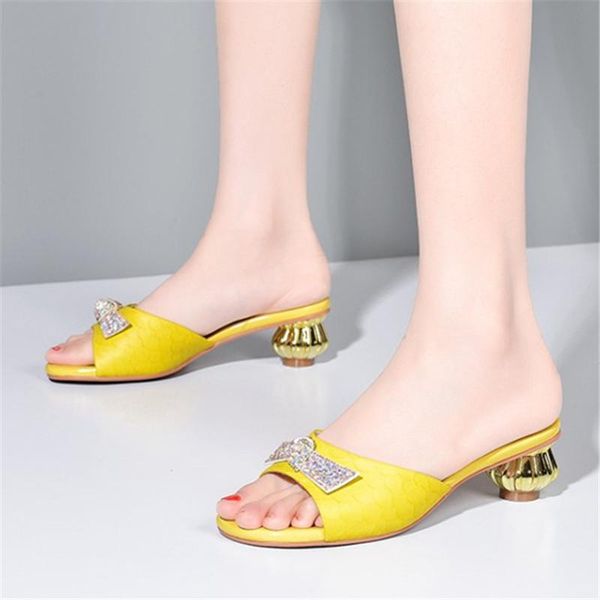 

slippers pxelena 2021 summer women slides strange med heels crystal decor outdoor date party genuine leather flip flops, Black