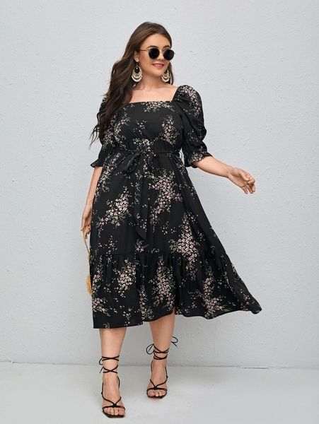 

plus square neck floral print belted a-line dress 73gh#, Black