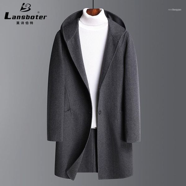

men's wool & blends qiu dong long coat male hooded double-sided cloth woolen men cashmere1, Black