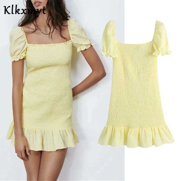 

klkxmyt za dress women fashion yellow textured mini dresses summer elastic square neck ruffle short puff sleeve vestidos 210527, Black;gray