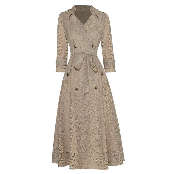 

casual dresses turn-down collar double breasted buttons sash belt 3/4-sleeved large size beige/brown lace dress, Black;gray
