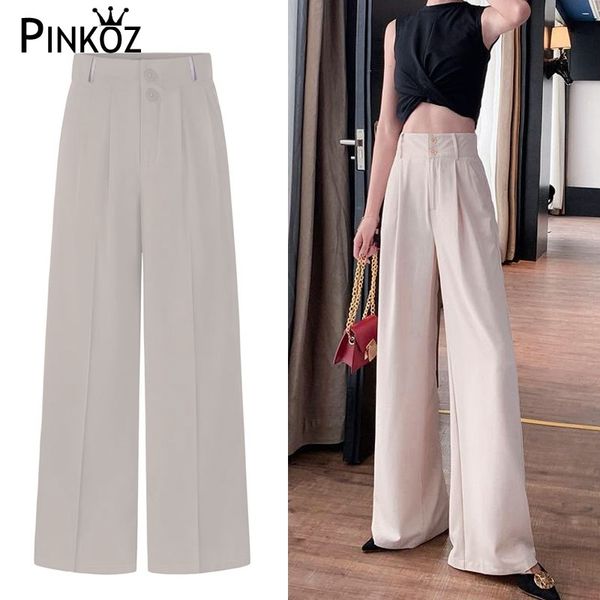 beige bianco pantaloni gamba larga lungo vita alta palazzo lavoro OL vestiti chic pantaloni primavera estate donne pantalon casual 210421