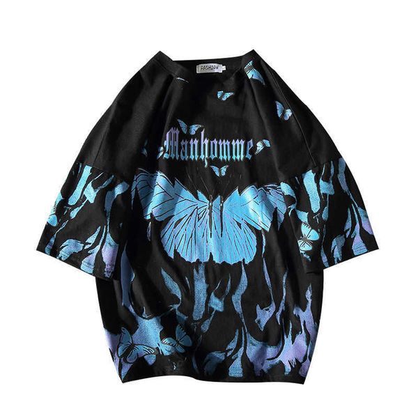 

flame butterfly t-shirt men street fashion summer o-neck men's tshirt hip hop harajuku tee shirts loose 100% cotton couple 210707, White;black