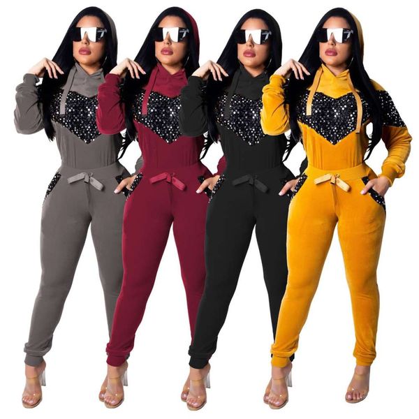 

2021 new fashion winter fashion heart-shaped sequin hooded sports suit, Black