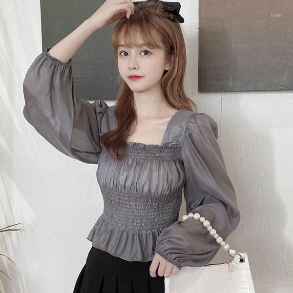 

women's blouses & shirts fashion square collar long sleeve women chiffon blouse female, White