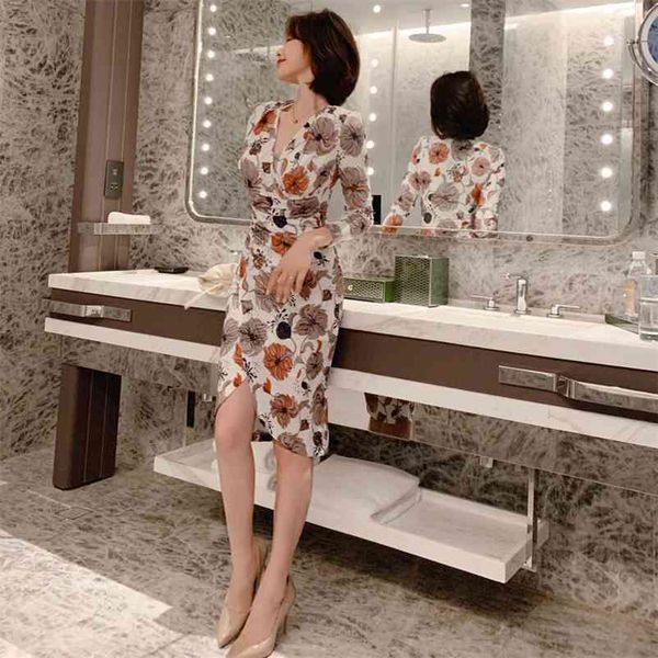 

autumn temperament v-neck slim fit hip print dress office lady polyester knee-length regular 210603, Black;gray