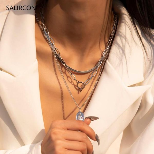 

salircon geometric carved coin figure pendant necklace for women vintage multi layer neck chains aesthetic jewelry gift necklaces, Silver