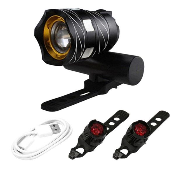 

bicycle light 300 lumens t6 led headlight zoom usb rechargeable plus two tail lights bike