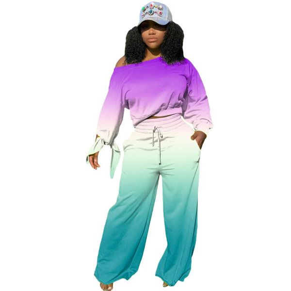 

women's two piece pants fall set women gradient print bow long sleeve flared fitness outfits sweatsuit wholesale drop rv838, White