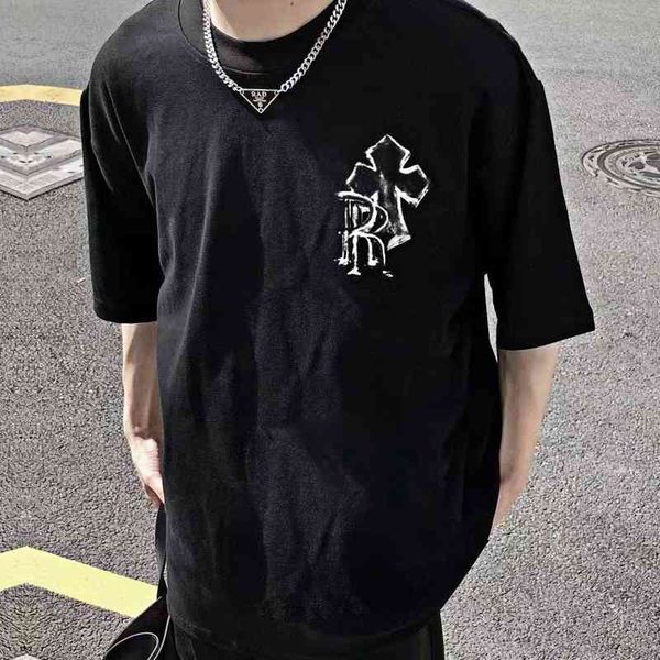 

chateau crosin new cross double r hand painted graffiti print ch half sleeve casual round neck men's and women, White;black