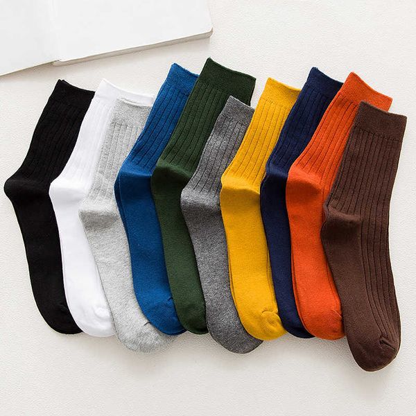 Мужские носки сплошной цвет черный белый серый голубой кофе длинные носки для мужчин мужской высококачественный хлопок вязаные дышащие экипажа Socks x0710