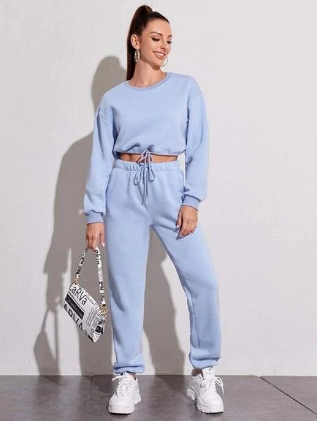 

women's two piece pants set fashion full sleeve o-neck drawstring long suit solid color women tracksuit spring autumn clothes, White