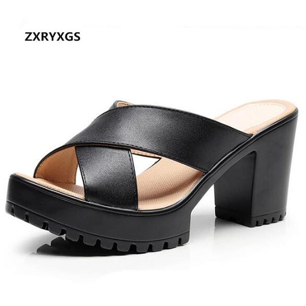 

open toe summer sandals fashion shoes high heeled slippers non-slip plus size real leather women dress, Black