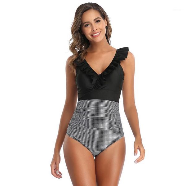

women's swimwear ruffled frilled v-neck s-2xl plus size one piece swimsuit women bather splicing bathing suit swim lady, White;black