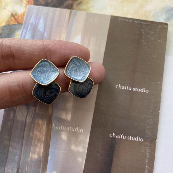 

hoop & huggie chaifu studio /e928 french simplicity artistic blue color irregular texture beautiful square stud earrings, Golden;silver