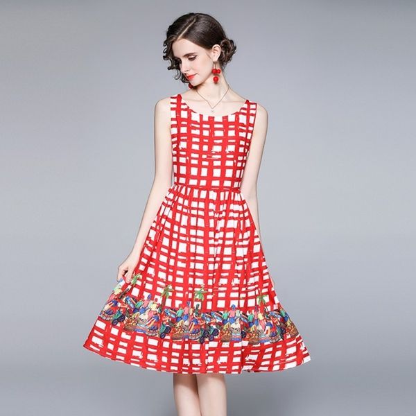 Sommer europäisches ärmelloses bedrucktes kariertes Mode-Rot-Big-Swing-dünnes Kleid 210531