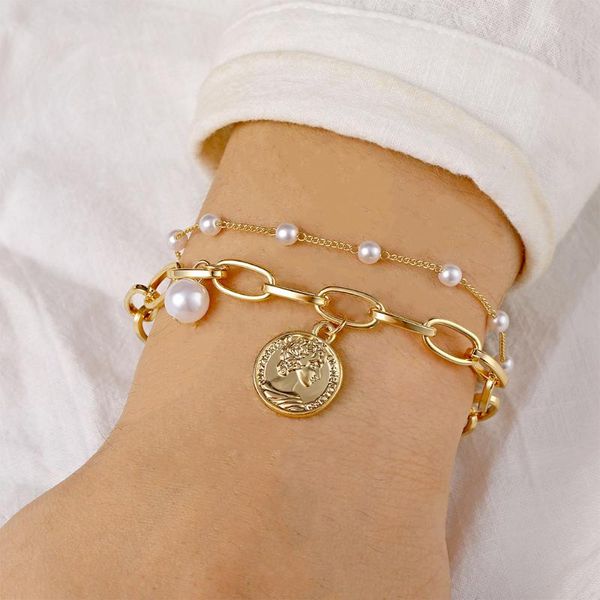 

link, chain fnio charm imitation pearl bracelet bangle for women steampunk lock chunky bracelets friend couple jewelry, Black