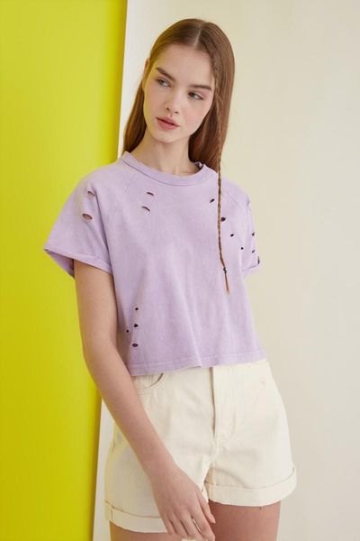 

women's t-shirt trendyol-flushing and attrition detailed crop knitted twoss21ts0855, White