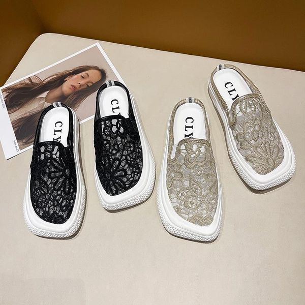 

slippers baotou low-heeled half slippers, women's straw woven thick-soled fisherman lace mesh surface, lazy outer wear sandals, Black