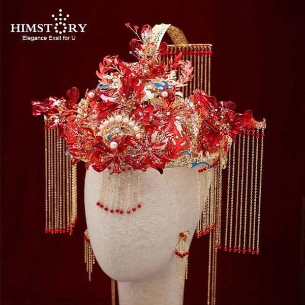 Clip per capelli Barrettes Himstory Lussuoso Red cinese Accessori per matrimoni vintage Accessori lunghi Nappe fatti a mano gioiello