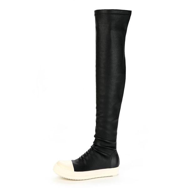 

over the knee fabric stretch flat boots winter elastic women's long shoes motorcycle booties, Black