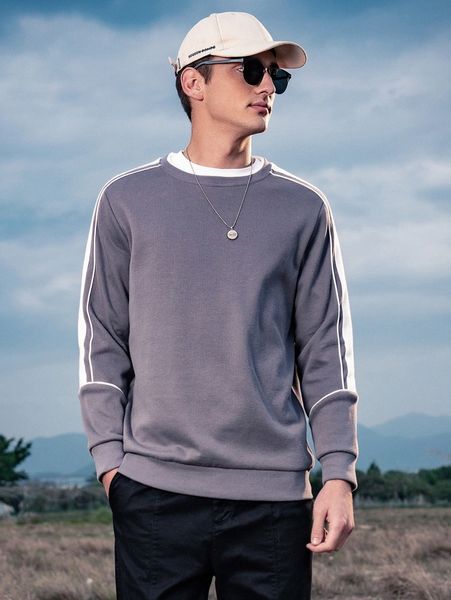 

men drop shoulder side stripe pullover 382u#, Black