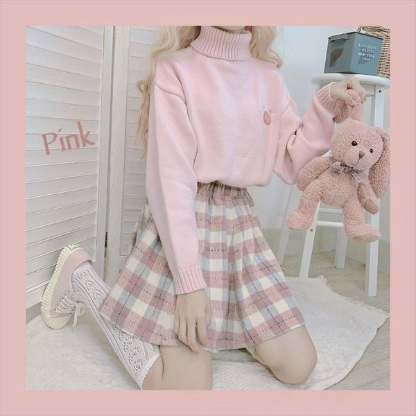 

japanese kawaii harajuku women skirt woolen plaid clothes style high waisted pleated puffy short a line, Black