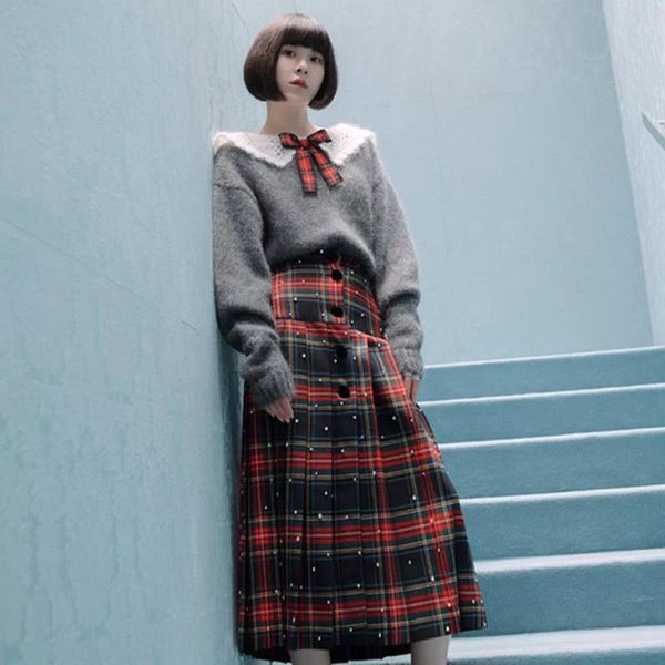 

preppy style plaid skirt for girls 2021 autumn winter skirts womens full beaded pleated mid-calf long, Black