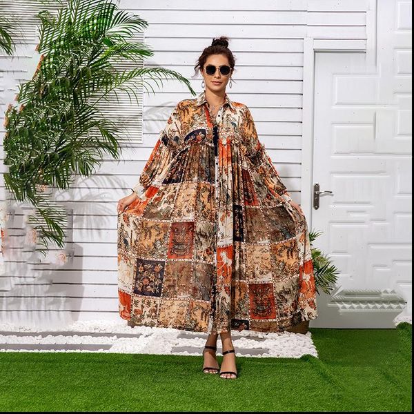 

womens dress [ewq] summer pattern lapel long lantern sleeve chiffon print patchwork single breasted beach style women 3aj6880, Black;gray