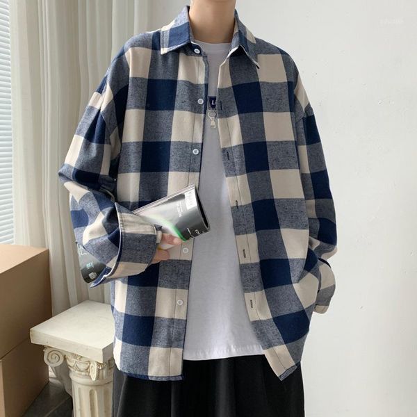 

spring cotton plaid shirt male long sleeve korean edition trend loose men hong kong wind leisure men's casual shirts, White;black