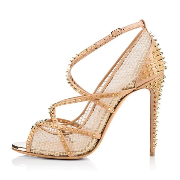 

sandals loomm arrival female rivets thin stilettos high-heeled toe pumps open-toed charm black naked women's party shoes eua plus size